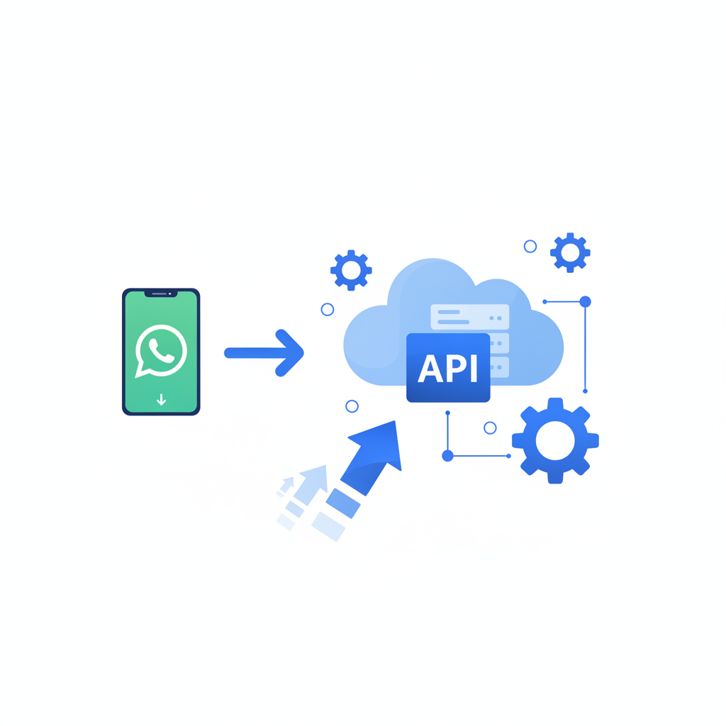 Diagrama de migración de WhatsApp Business app hacia la API con pasos numerados