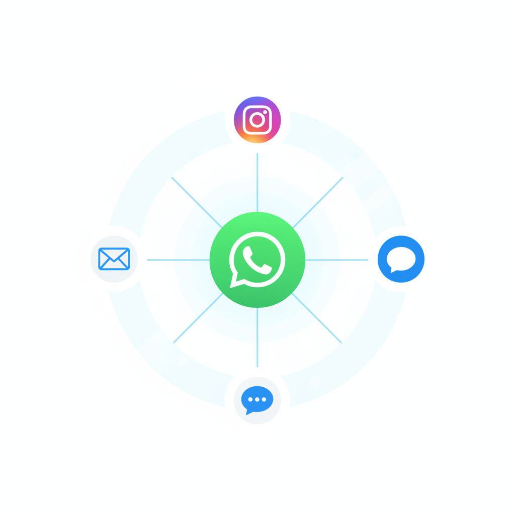 Diagrama de canales de comunicación con WhatsApp al centro conectando Instagram, email y chat web
